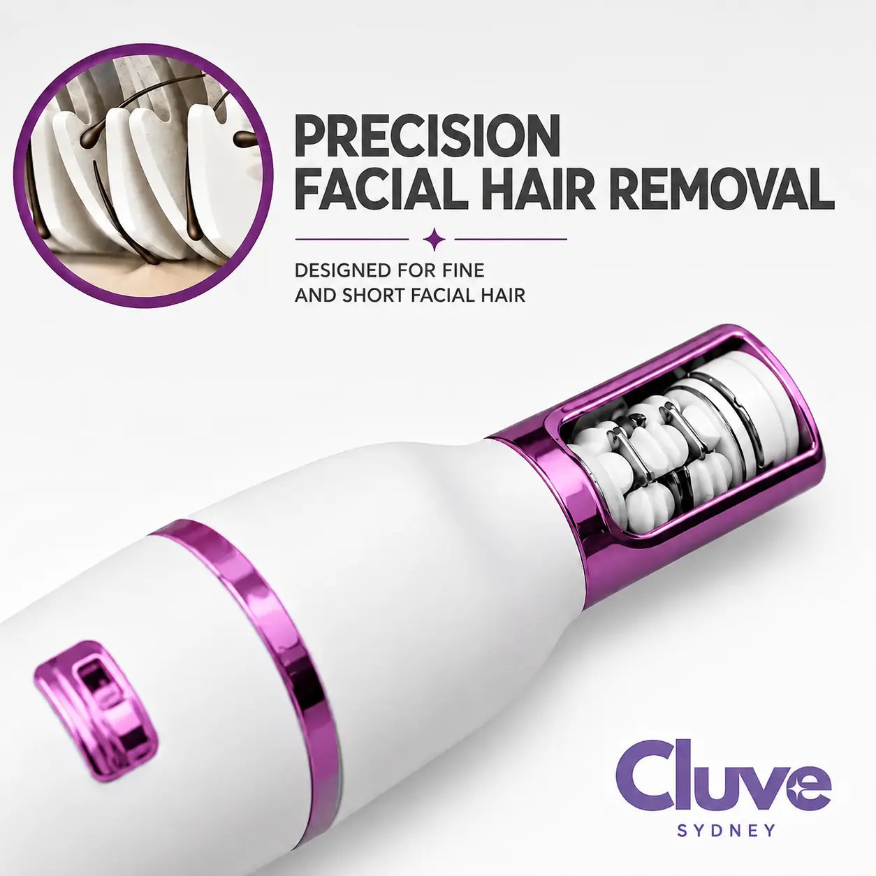 Close-up of the Cluve Epil Pro designed for fine and short facial hair removal