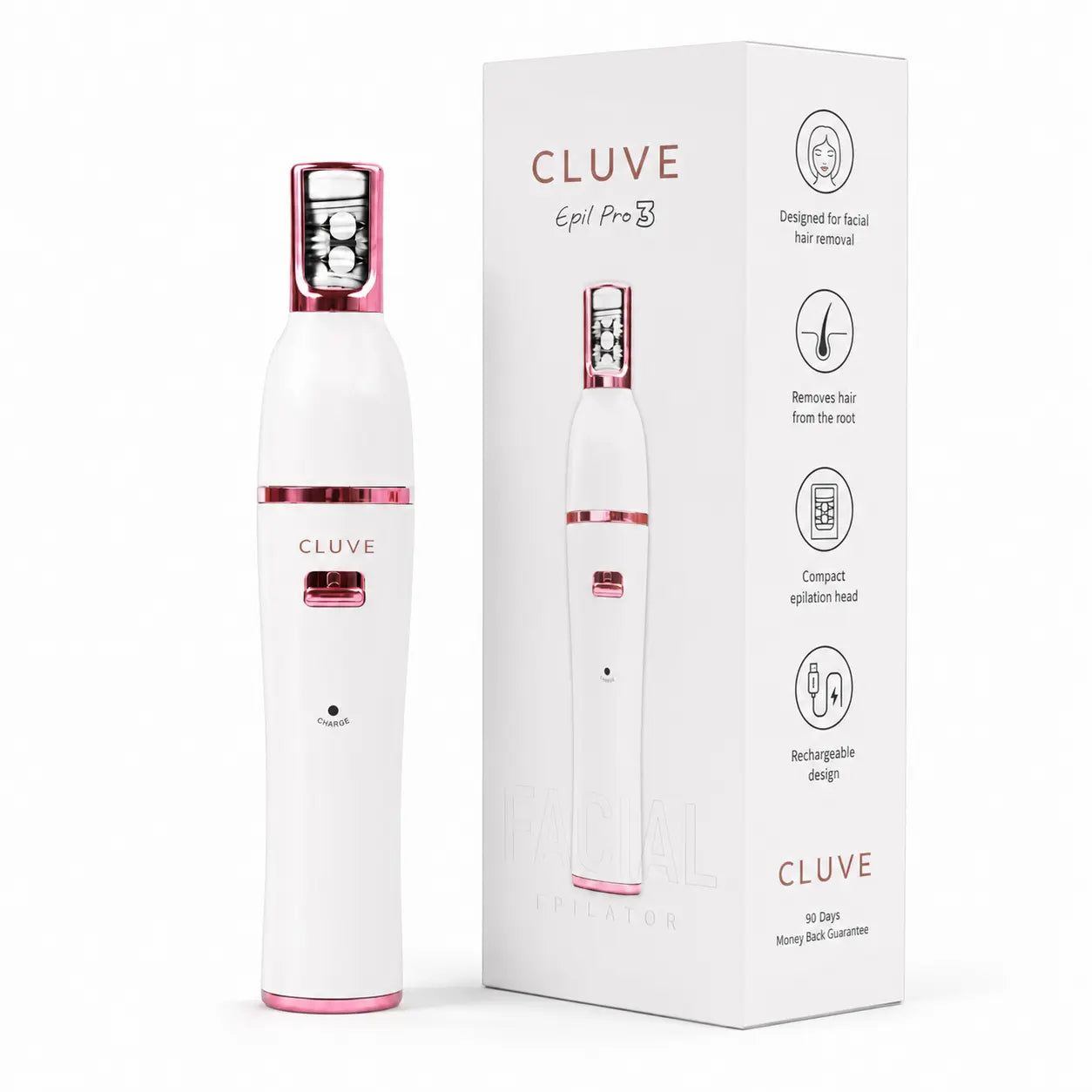 Cluve Epil Pro 3 rechargeable facial epilator in white and rose gold with product packaging